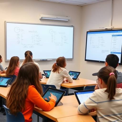 A classroom setting with students using interactive digital whiteboards and tablets, illustrating the integration of technology in education.