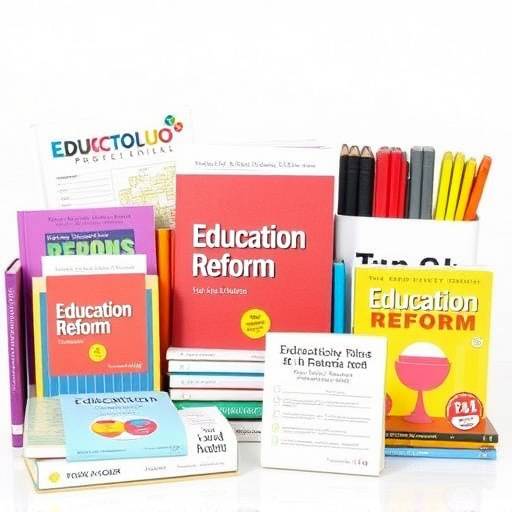 A collection of educational tools and books, representing the topic of education reform.