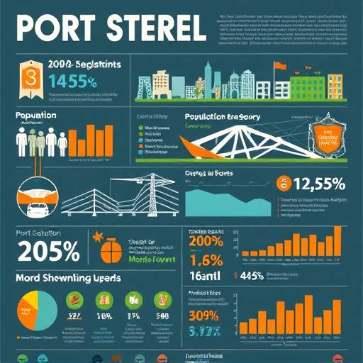 A detailed infographic showcasing urban development metrics for Port Sterling, including population growth, infrastructure expansion, and economic indicators.