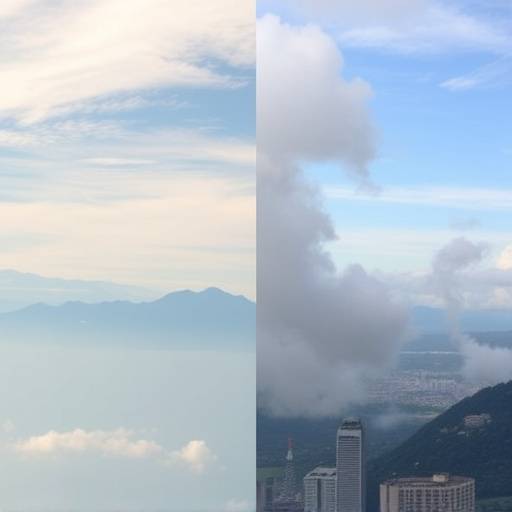 A split image showing a clear sky on one side and a polluted sky on the other, symbolizing differing public opinions on climate policy.