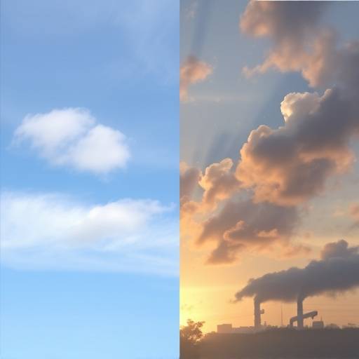A split image showing a clear sky on one side and a polluted sky on the other, symbolizing differing public opinions on climate policy.