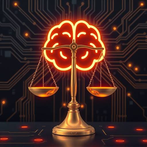 A stylized image representing artificial intelligence ethics, with glowing circuits and a balancing scale icon.