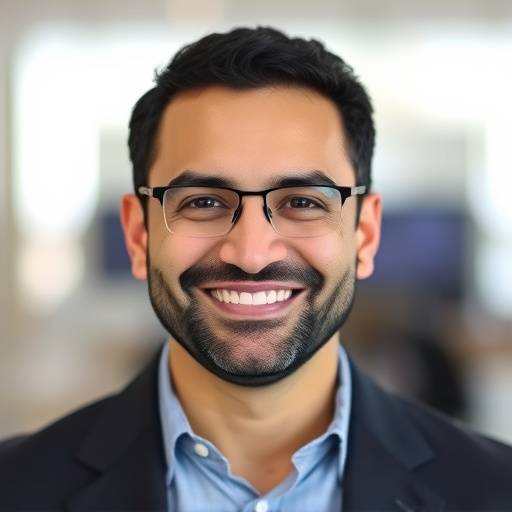 Portrait of Omar Hassan, a man with a friendly smile, representing a knowledgeable technology ethicist.